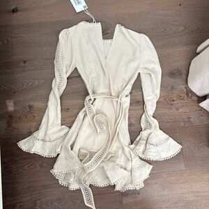Chic Cream Long Sleeve Dress with Lace Details